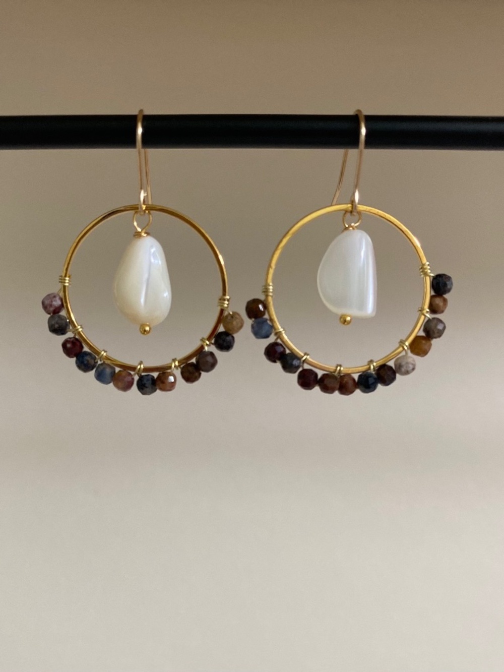 Handmade Mother of Pearl Hoop Earrings with Pietersite Stone